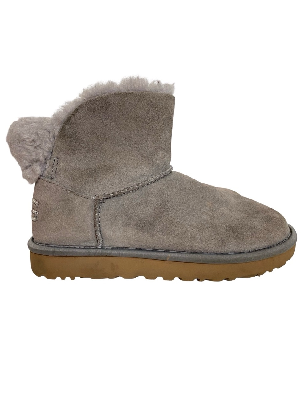 Ugg Boot Bootie Womens Size 6 Suede Shoe Gray Slide On Neutral Rhinestone Logo